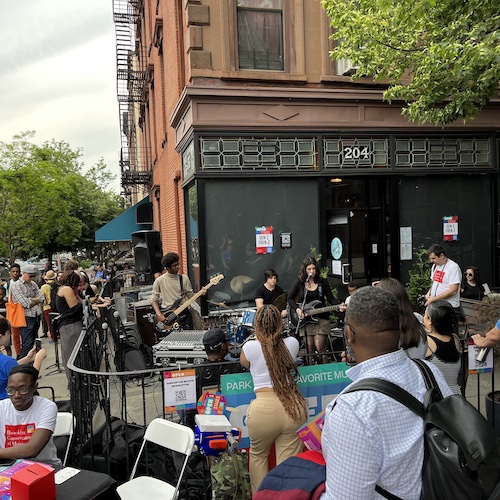 Back Pocket plays in front of 204 6th Avenue in Brooklyn for the Brooklyn Conservatory of Music's Open Stages 2023.