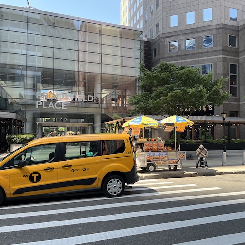 Hot dogs and taxis at Brookfield Place on Vesey Street.