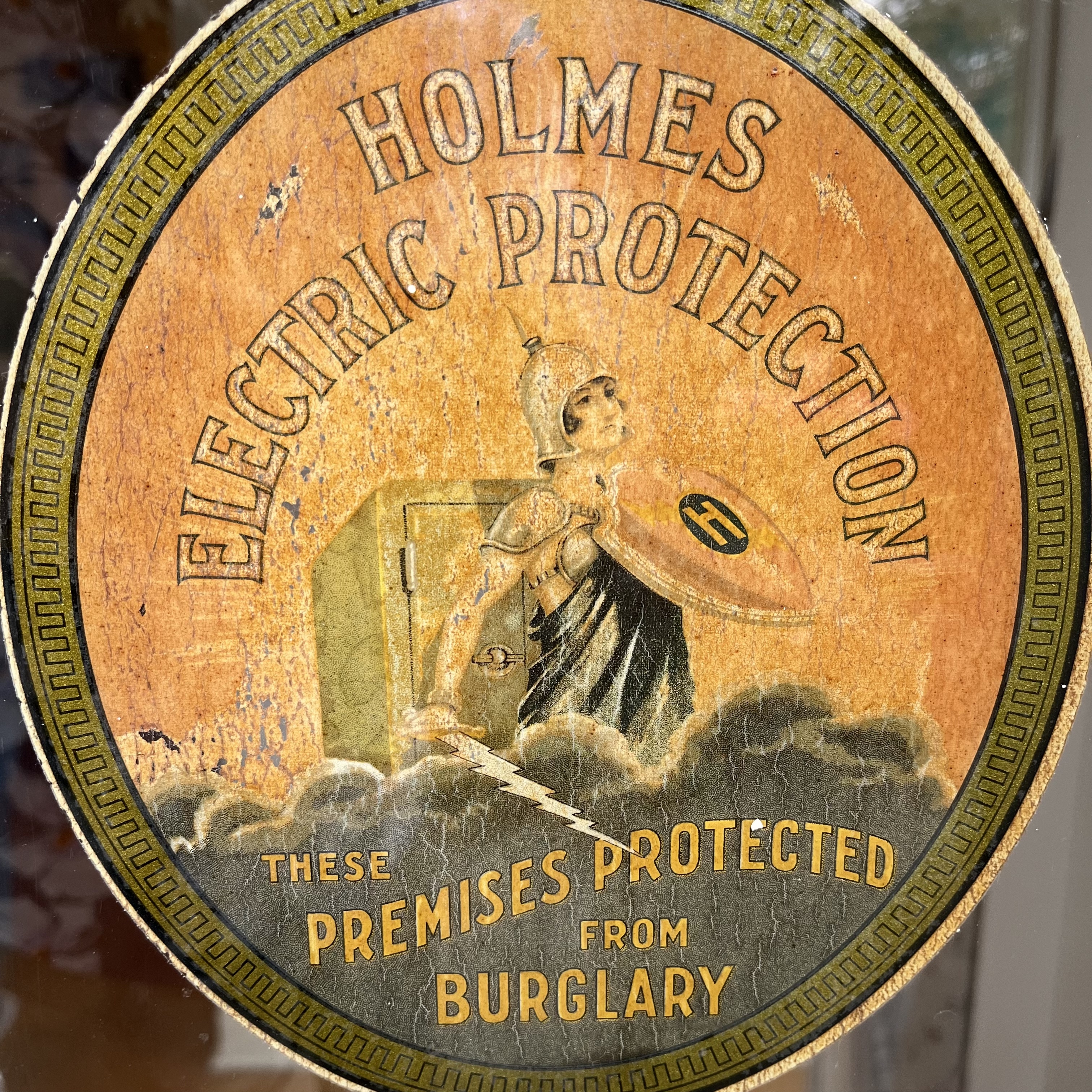 Holmes Electric Protection window decal. Forest Hills, New York. This company has an interesting history, look them up.
