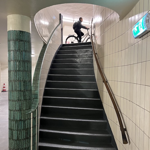 Pedestrian stairs (and a feitser) in the Maastunnel. Rotterdam, Netherlands.