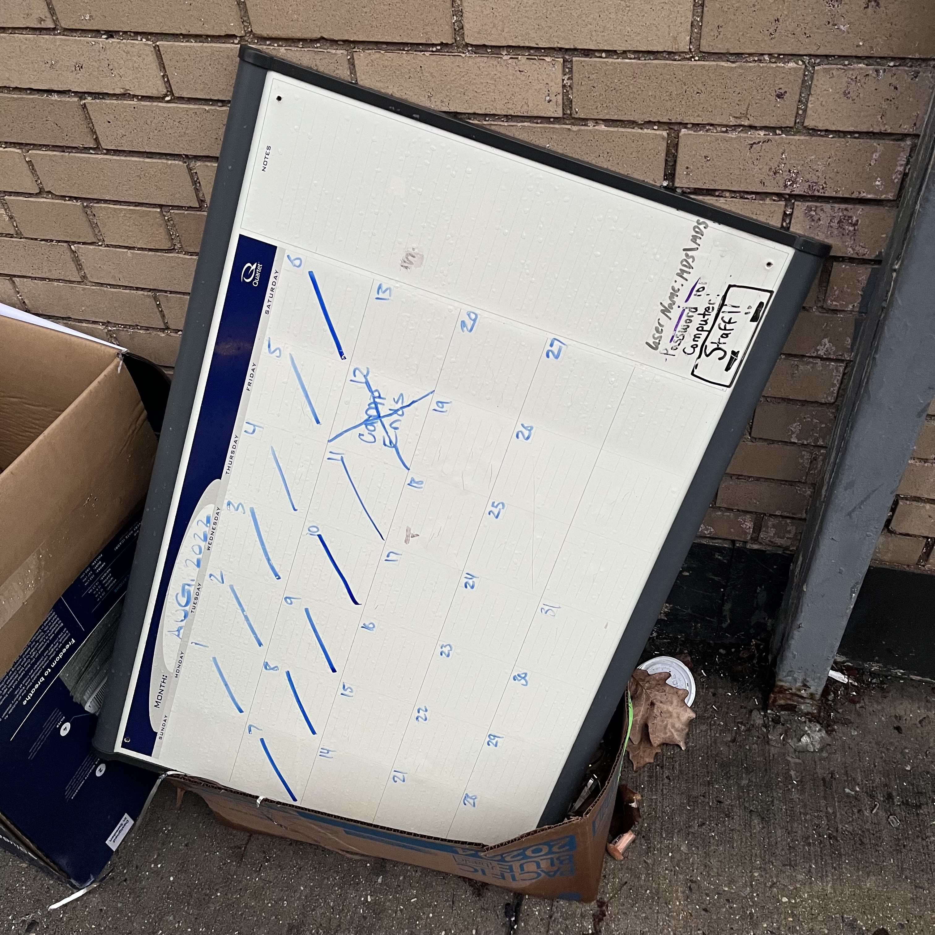 A discarded calendar shows when camp ended in 2022--and reveals the password to the staff computer. Exact location withheld to protect the security unconscious, Prospect Heights, Brooklyn
