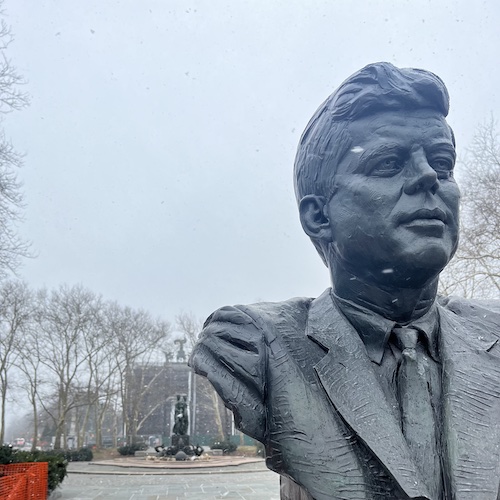 JFK bust at Grand Army Plaza on a snowy day. Prospect Heights, Brooklyn.