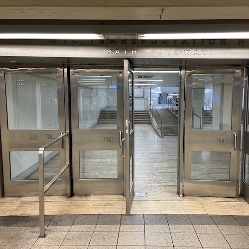 Original doors leading from the subway to the PATH station. World Trade Center, Manhattan.