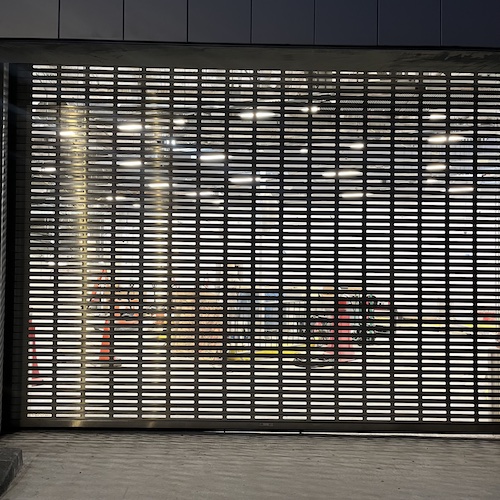 Perforated loading dock doors at the Performing Arts Center, World Trade Center, Manhattan.