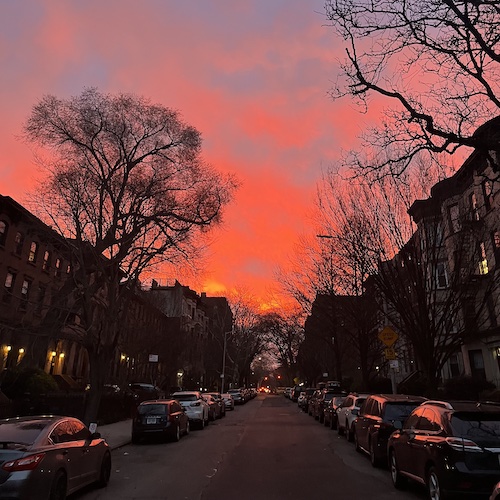 Red in the morning. A fiery sunrise on Park Place. Prospect Heights, Brooklyn.