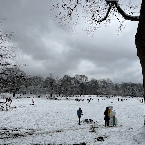 Snowpeople and sledders in Prospect Park, Brooklyn