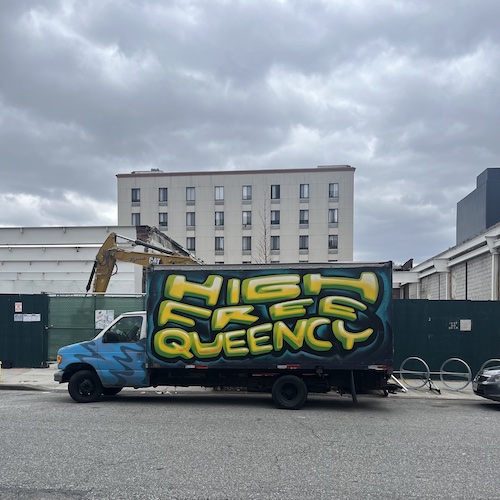 Graffitied truck and a newish hotel in the background. Between the hotel and truck will soon be a massive, mixed-use building. 526 Baltic Street, Brooklyn.