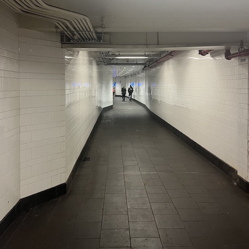 Passage to the downtown R platform at Cortlandt Street. World Trade Center, Manhattan.