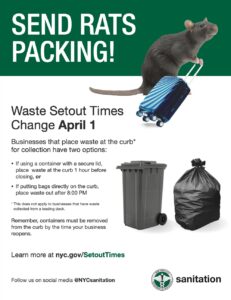 NYC Sanitation department flyer featuring a large rat with suitcase, trash bin and trash bag along with text describing changes to setout times taking effect April 1, 2023.