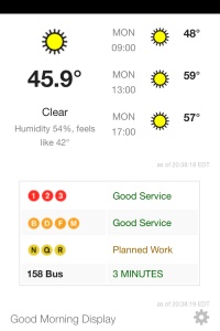 JP Reardon's Good Morning Display screenshot circa April 2014. Includes local weather, NYC subway status information for several subway lines.