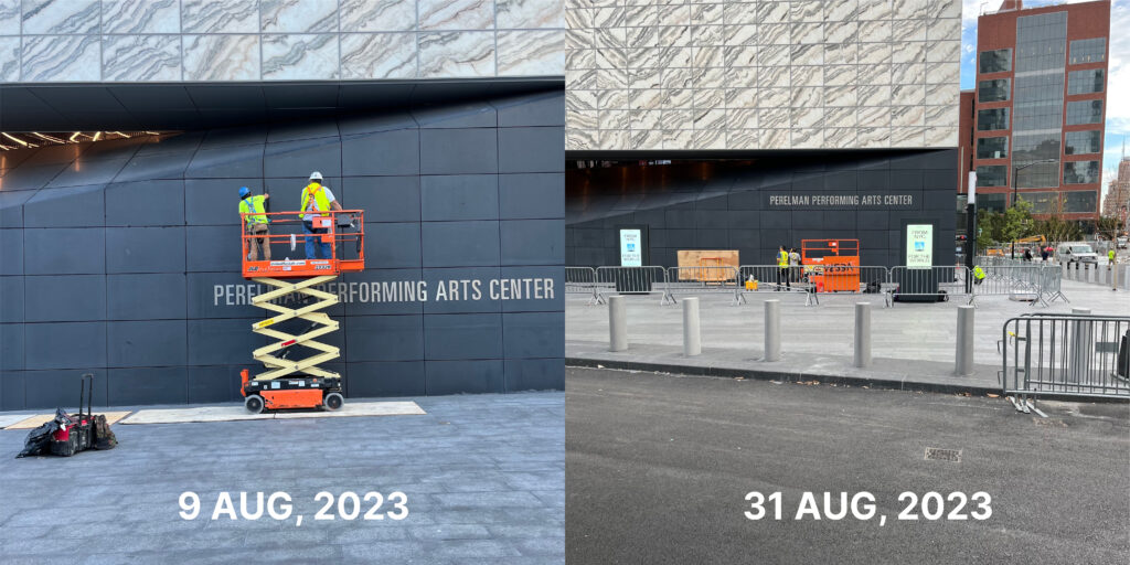 Two photographs showing the signage from the Perelman Performing Arts Center in two different locations. On August 9, 2023 (left photo) it is lower than August 31. 2023 (right photo).